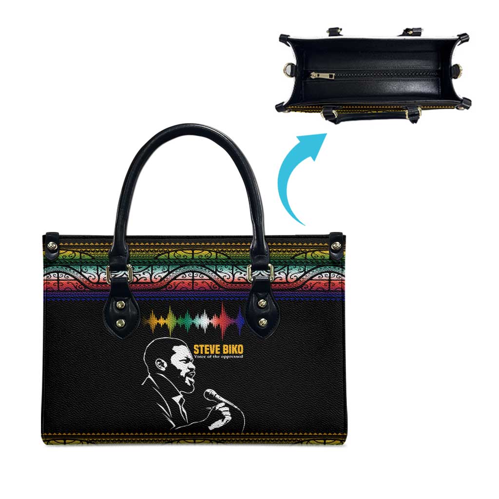 Steve Biko Leather Bag with Microphone Portrait, Black Consciousness Quote and Vibrant Ethnic Wave - African Pride
