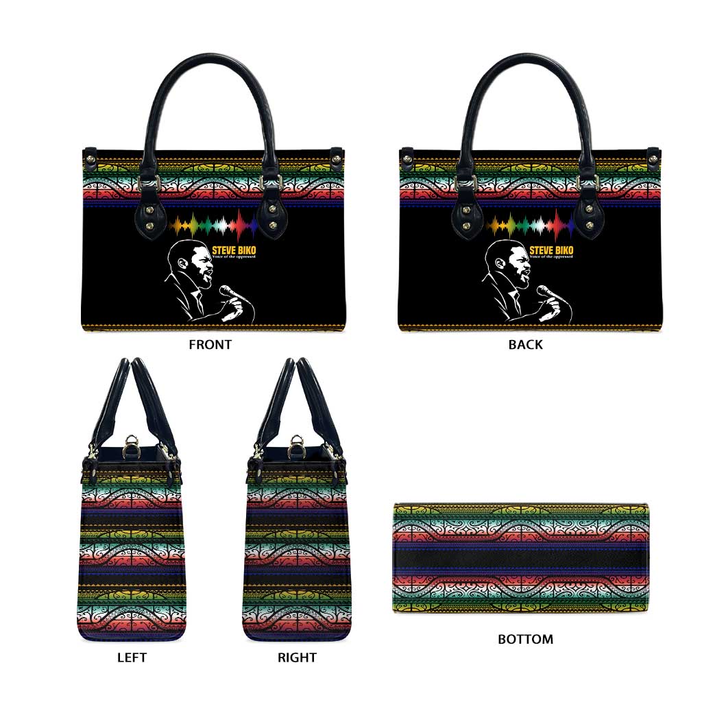 Steve Biko Leather Bag with Microphone Portrait, Black Consciousness Quote and Vibrant Ethnic Wave - African Pride