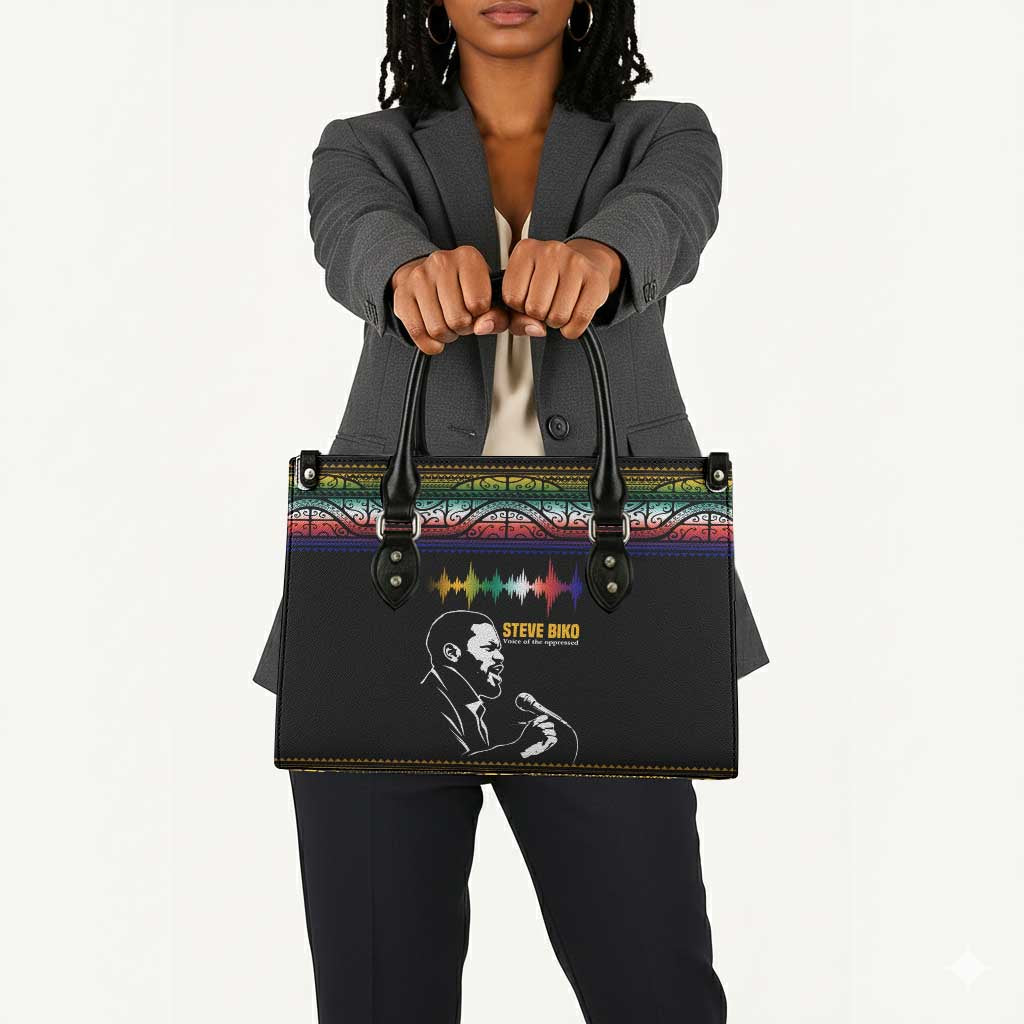 Steve Biko Leather Bag with Microphone Portrait, Black Consciousness Quote and Vibrant Ethnic Wave - African Pride