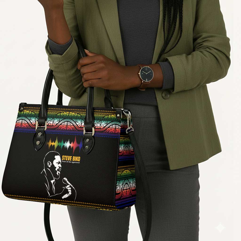 Steve Biko Leather Bag with Microphone Portrait, Black Consciousness Quote and Vibrant Ethnic Wave - African Pride