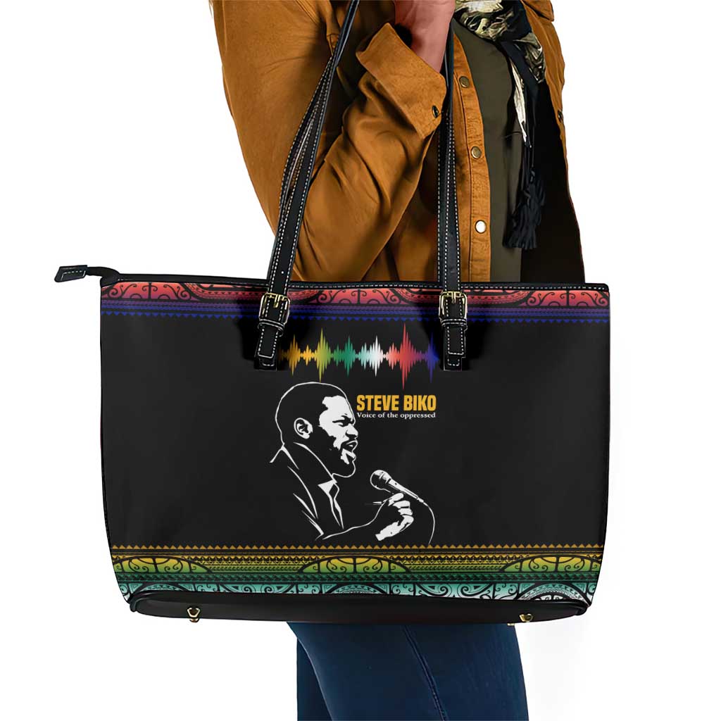 Steve Biko Leather Tote Bag with Microphone Portrait, Black Consciousness Quote and Vibrant Ethnic Wave - African Pride