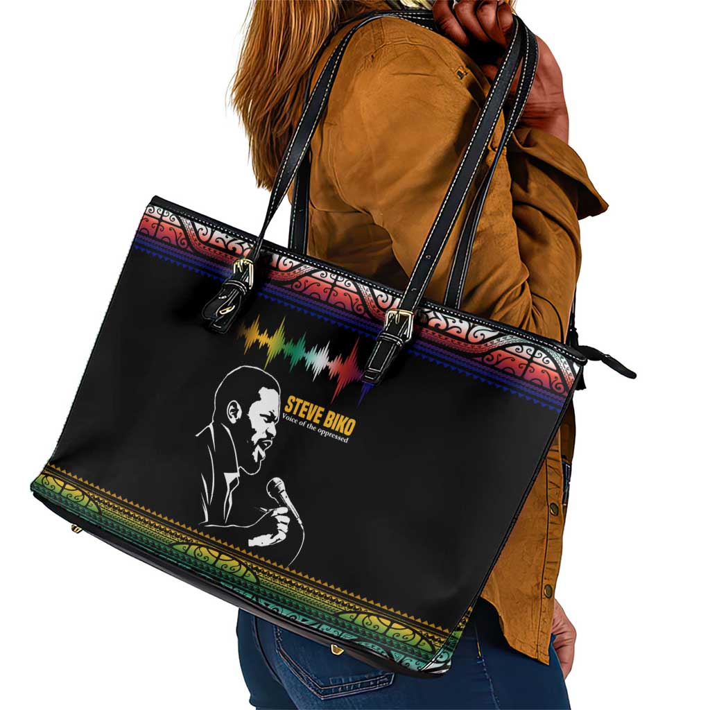 Steve Biko Leather Tote Bag with Microphone Portrait, Black Consciousness Quote and Vibrant Ethnic Wave - African Pride