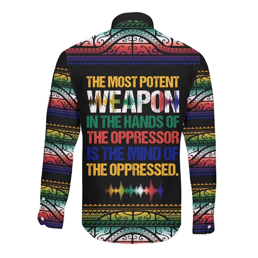 Steve Biko Long Sleeve Button Shirt with Microphone Portrait, Black Consciousness Quote and Vibrant Ethnic Wave - African Pride