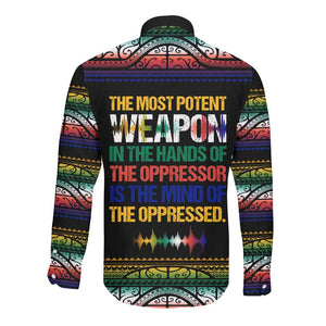 Steve Biko Long Sleeve Button Shirt with Microphone Portrait, Black Consciousness Quote and Vibrant Ethnic Wave - African Pride