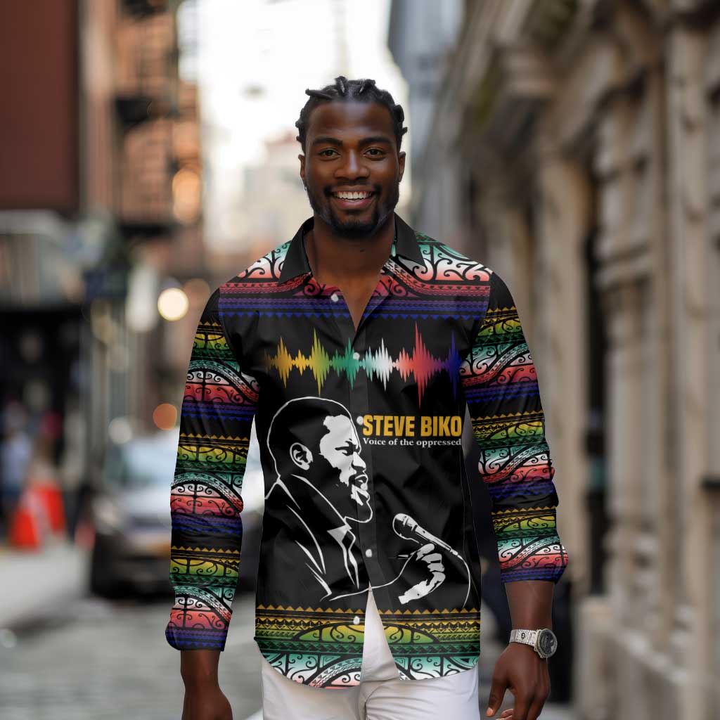 Steve Biko Long Sleeve Button Shirt with Microphone Portrait, Black Consciousness Quote and Vibrant Ethnic Wave - African Pride