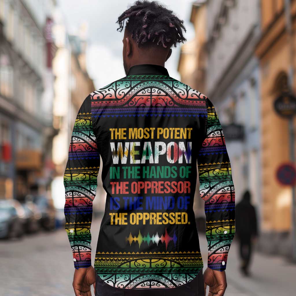 Steve Biko Long Sleeve Button Shirt with Microphone Portrait, Black Consciousness Quote and Vibrant Ethnic Wave - African Pride