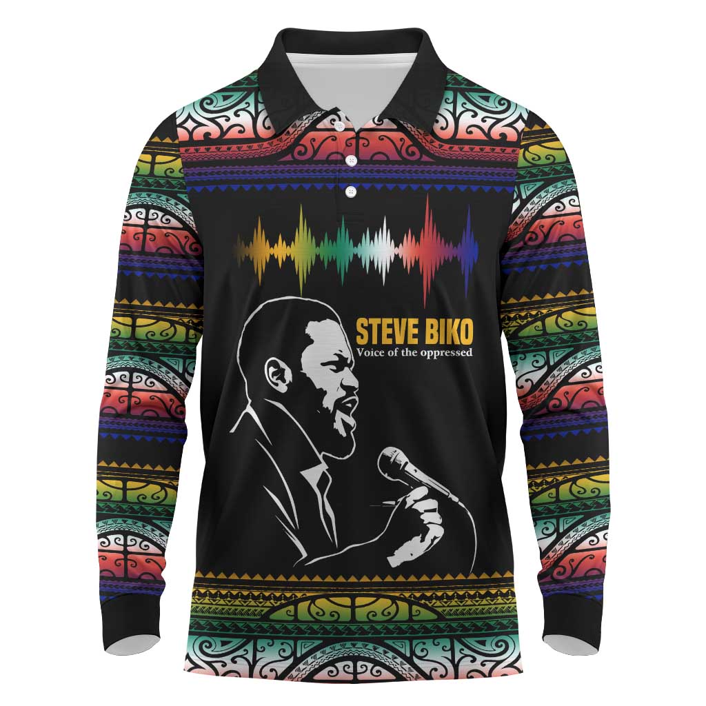 Steve Biko Long Sleeve Polo Shirt with Microphone Portrait, Black Consciousness Quote and Vibrant Ethnic Wave - African Pride
