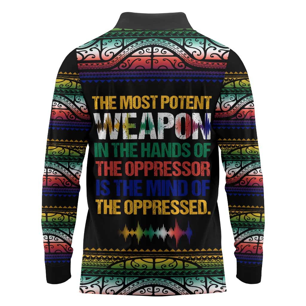 Steve Biko Long Sleeve Polo Shirt with Microphone Portrait, Black Consciousness Quote and Vibrant Ethnic Wave - African Pride