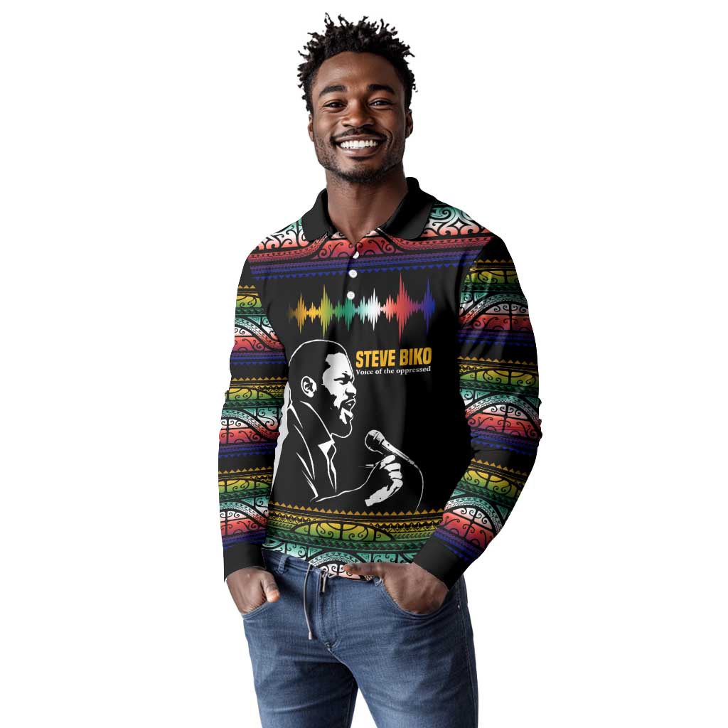Steve Biko Long Sleeve Polo Shirt with Microphone Portrait, Black Consciousness Quote and Vibrant Ethnic Wave - African Pride