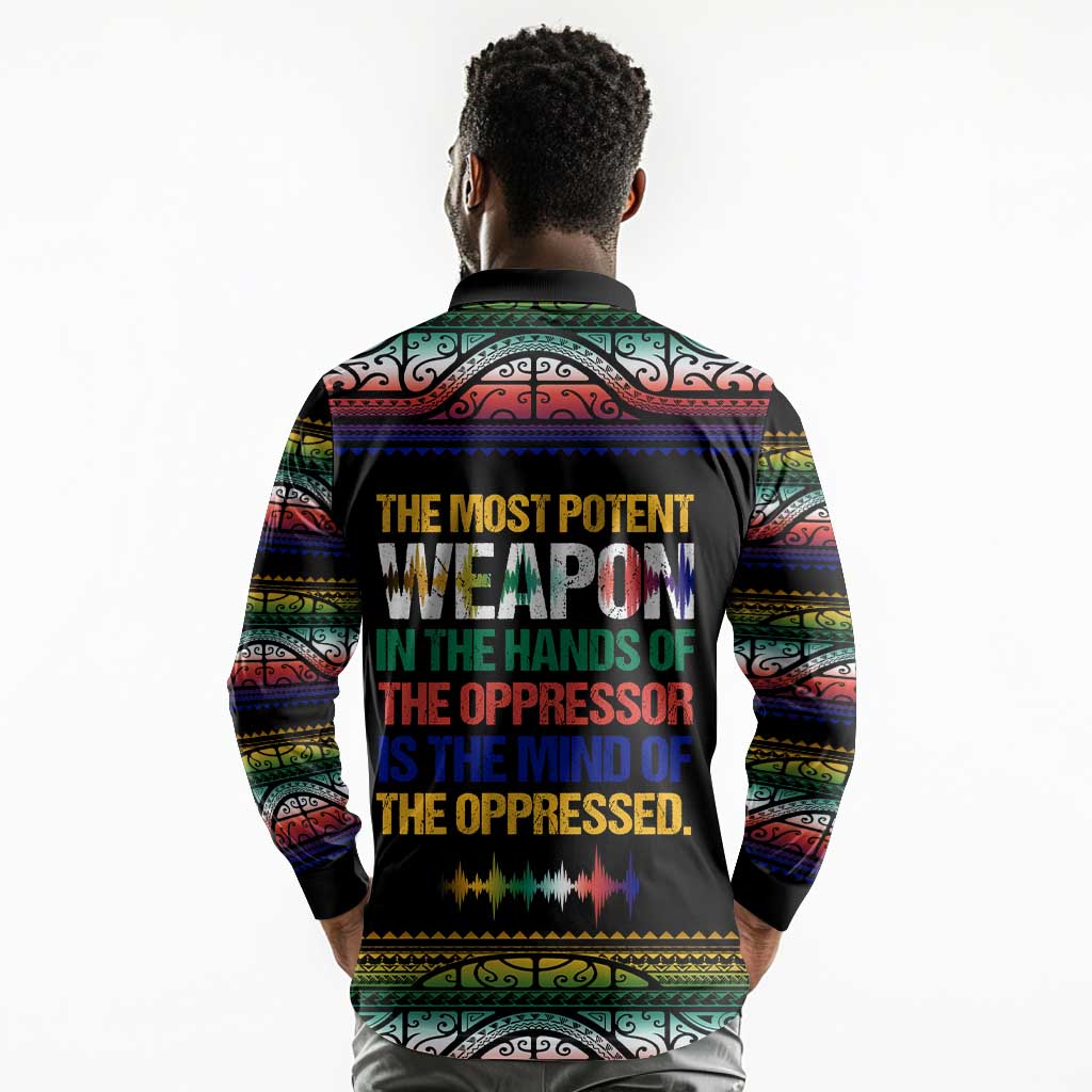 Steve Biko Long Sleeve Polo Shirt with Microphone Portrait, Black Consciousness Quote and Vibrant Ethnic Wave - African Pride