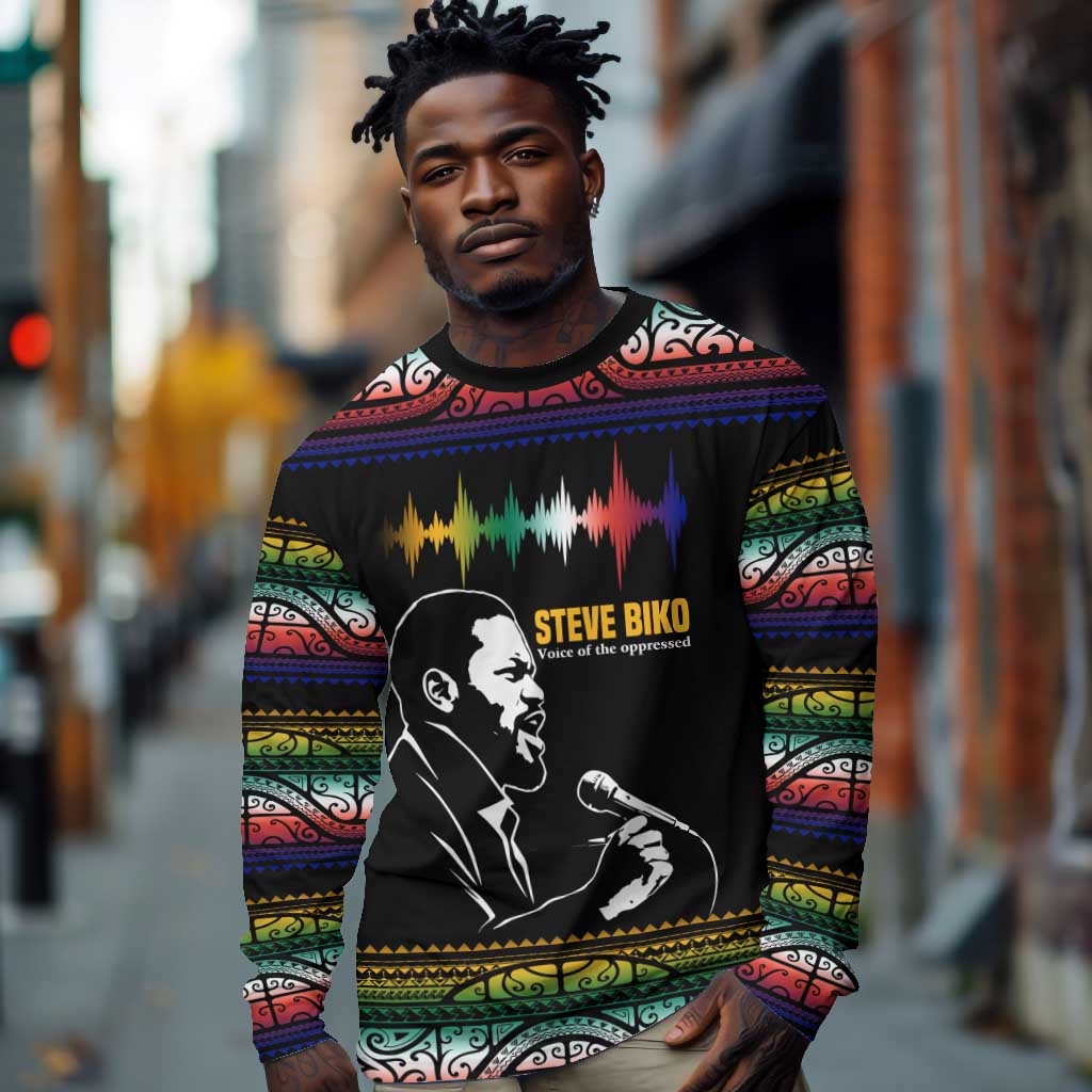 Steve Biko Long Sleeve Shirt with Microphone Portrait, Black Consciousness Quote and Vibrant Ethnic Wave - African Pride