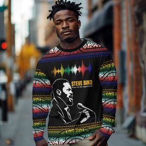 Steve Biko Long Sleeve Shirt with Microphone Portrait, Black Consciousness Quote and Vibrant Ethnic Wave - African Pride