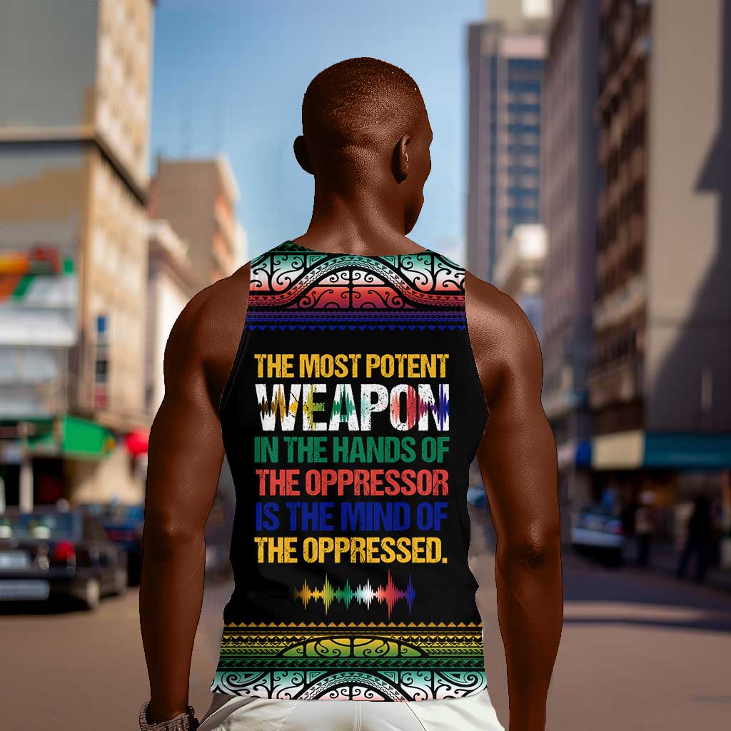 Steve Biko Men Tank Top with Microphone Portrait, Black Consciousness Quote and Vibrant Ethnic Wave - African Pride
