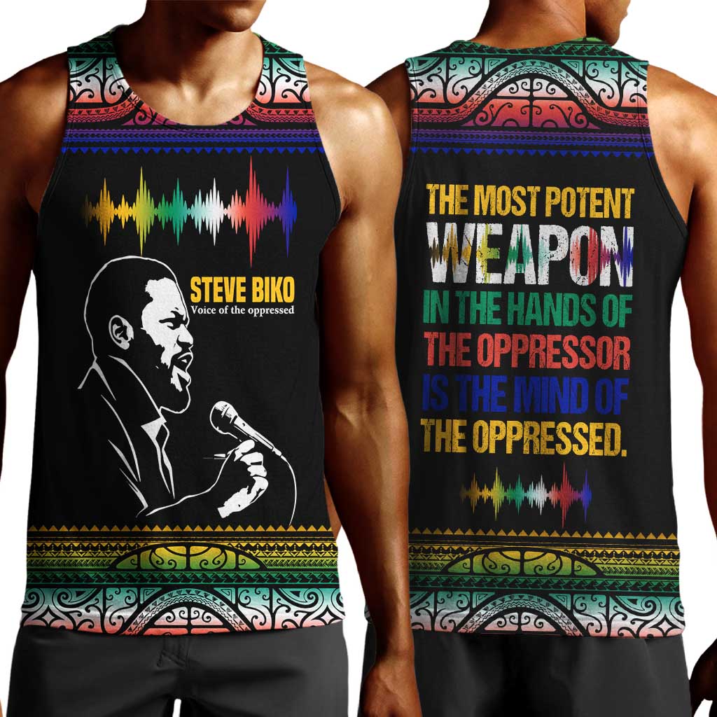 Steve Biko Men Tank Top with Microphone Portrait, Black Consciousness Quote and Vibrant Ethnic Wave - African Pride