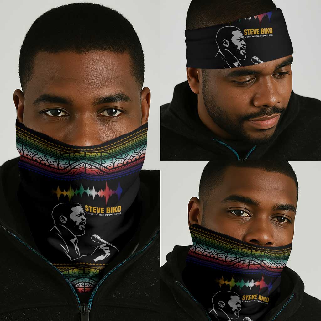 Steve Biko Neck Gaiter with Microphone Portrait, Black Consciousness Quote and Vibrant Ethnic Wave - African Pride