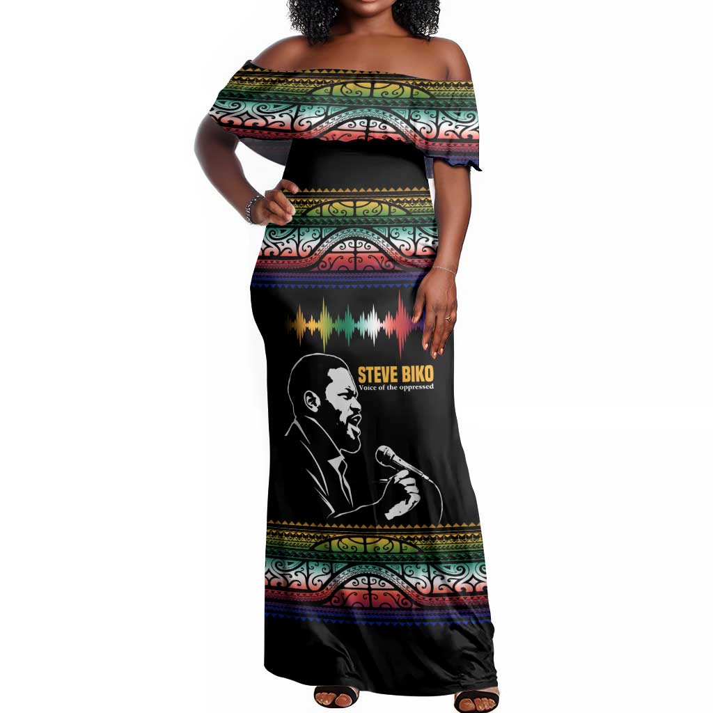 Steve Biko Off Shoulder Maxi Dress with Microphone Portrait, Black Consciousness Quote and Vibrant Ethnic Wave - African Pride