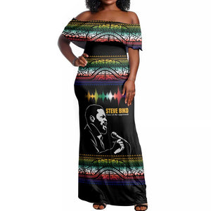 Steve Biko Off Shoulder Maxi Dress with Microphone Portrait, Black Consciousness Quote and Vibrant Ethnic Wave - African Pride
