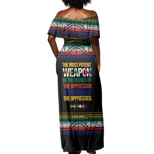 Steve Biko Off Shoulder Maxi Dress with Microphone Portrait, Black Consciousness Quote and Vibrant Ethnic Wave - African Pride