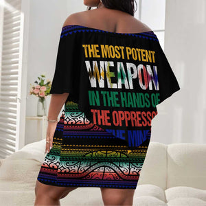 Steve Biko Off Shoulder Short Dress with Microphone Portrait, Black Consciousness Quote and Vibrant Ethnic Wave - African Pride