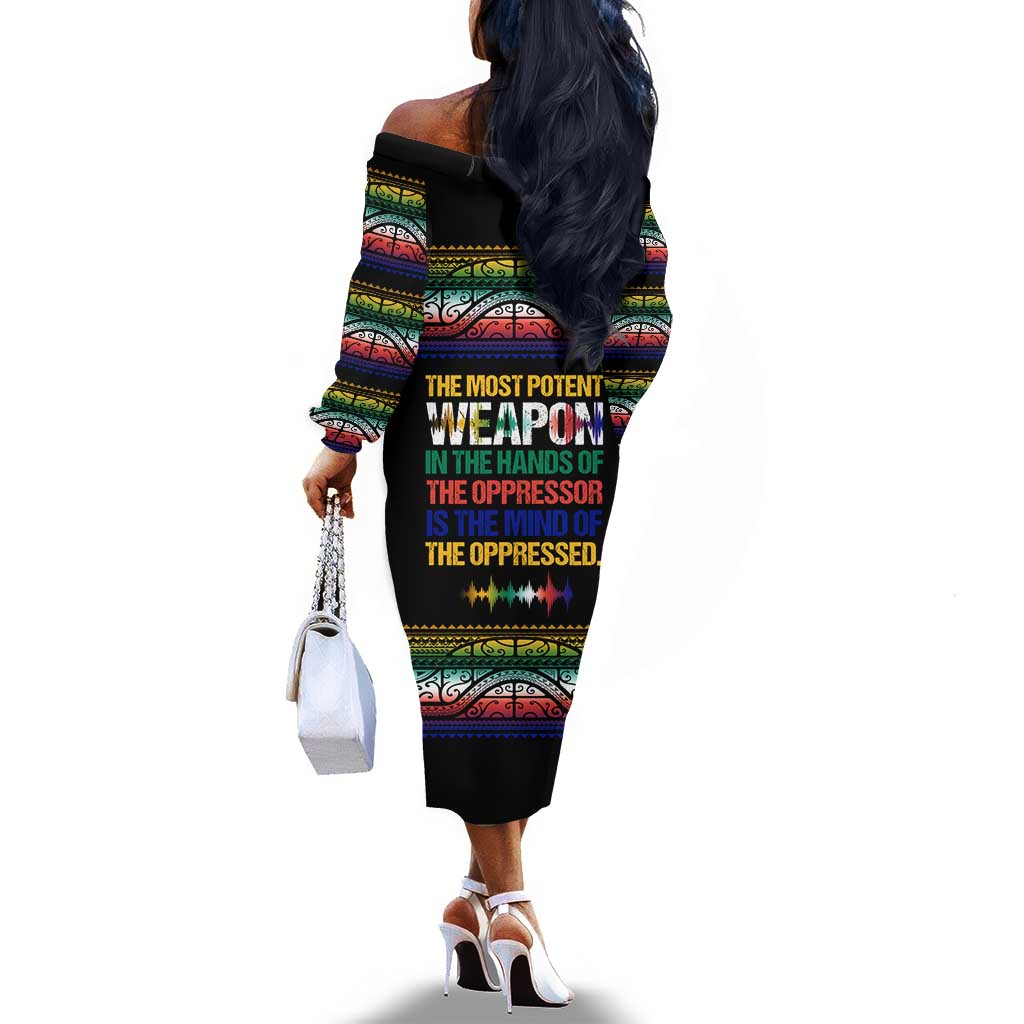 Steve Biko Off The Shoulder Long Sleeve Dress with Microphone Portrait, Black Consciousness Quote and Vibrant Ethnic Wave - African Pride