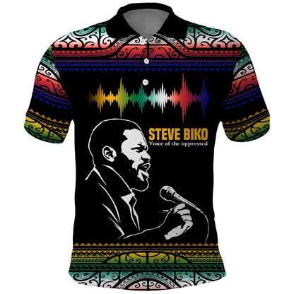 Steve Biko Polo Shirt with Microphone Portrait, Black Consciousness Quote and Vibrant Ethnic Wave - African Pride