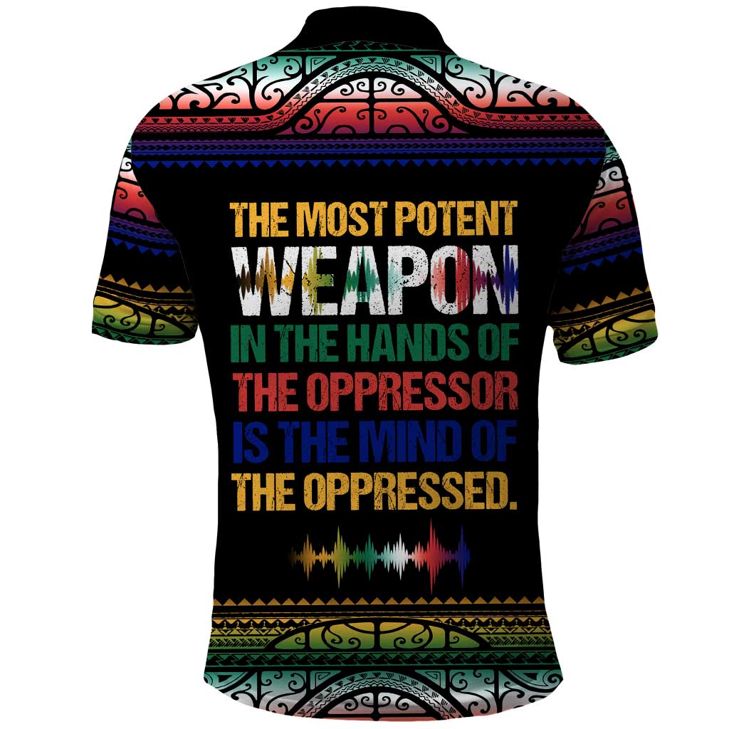 Steve Biko Polo Shirt with Microphone Portrait, Black Consciousness Quote and Vibrant Ethnic Wave - African Pride