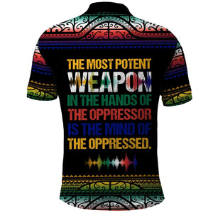 Steve Biko Polo Shirt with Microphone Portrait, Black Consciousness Quote and Vibrant Ethnic Wave - African Pride