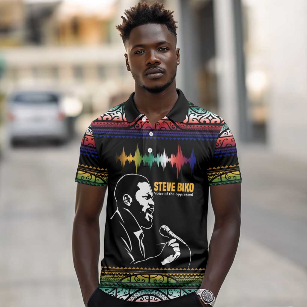Steve Biko Polo Shirt with Microphone Portrait, Black Consciousness Quote and Vibrant Ethnic Wave - African Pride