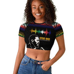 Steve Biko Raglan Cropped T shirt with Microphone Portrait, Black Consciousness Quote and Vibrant Ethnic Wave - African Pride