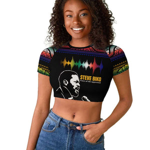 Steve Biko Raglan Cropped T shirt with Microphone Portrait, Black Consciousness Quote and Vibrant Ethnic Wave - African Pride