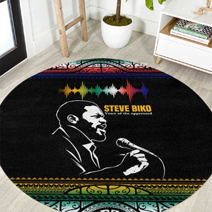 Steve Biko Round Carpet with Microphone Portrait, Black Consciousness Quote and Vibrant Ethnic Wave - African Pride