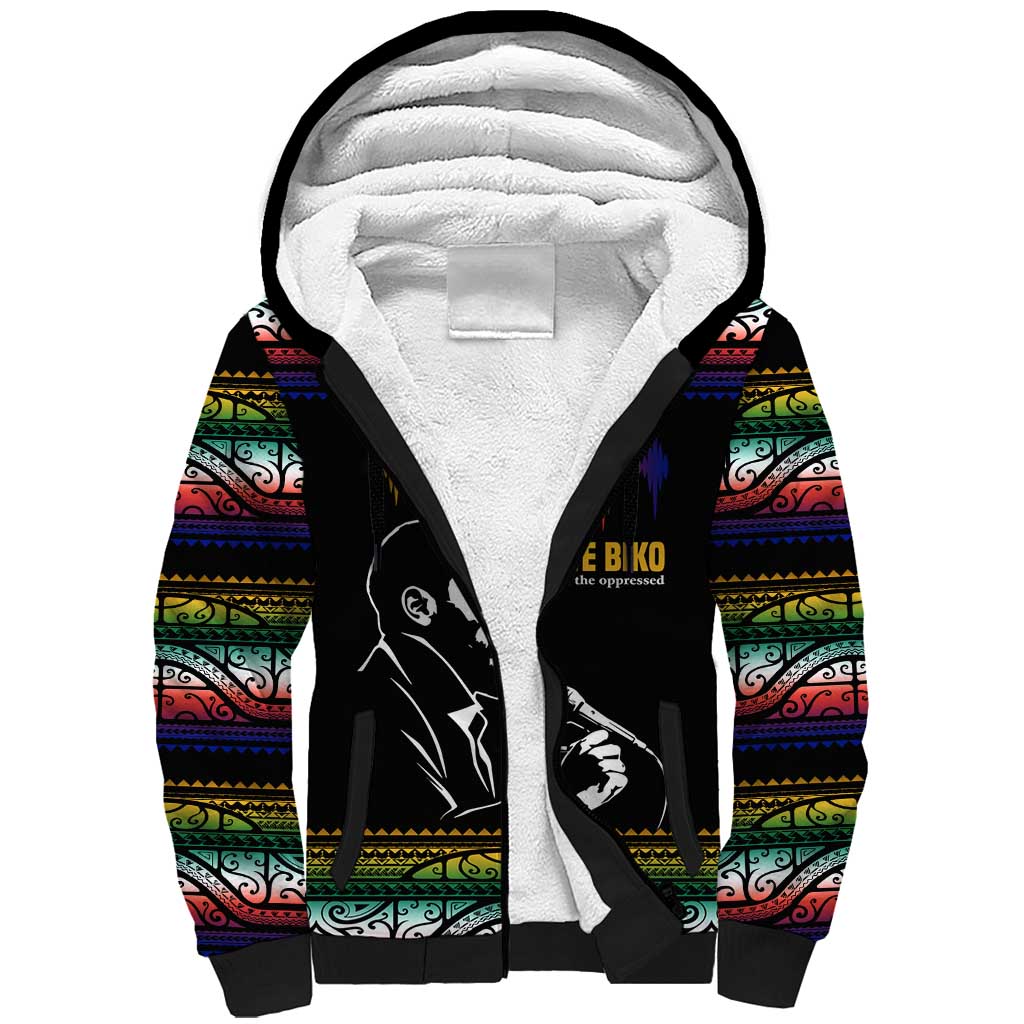 Steve Biko Sherpa Hoodie with Microphone Portrait, Black Consciousness Quote and Vibrant Ethnic Wave - African Pride