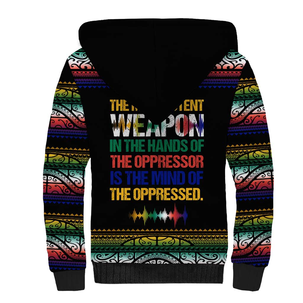 Steve Biko Sherpa Hoodie with Microphone Portrait, Black Consciousness Quote and Vibrant Ethnic Wave - African Pride