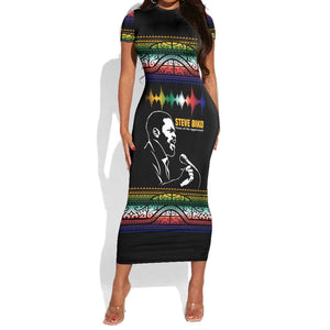 Steve Biko Short Sleeve Bodycon Dress with Microphone Portrait, Black Consciousness Quote and Vibrant Ethnic Wave - African Pride