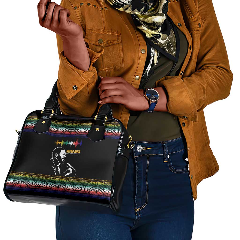 Steve Biko Shoulder Handbag with Microphone Portrait, Black Consciousness Quote and Vibrant Ethnic Wave - African Pride