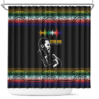 Steve Biko Shower Curtain with Microphone Portrait, Black Consciousness Quote and Vibrant Ethnic Wave - African Pride