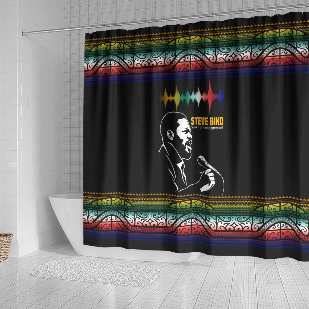 Steve Biko Shower Curtain with Microphone Portrait, Black Consciousness Quote and Vibrant Ethnic Wave - African Pride