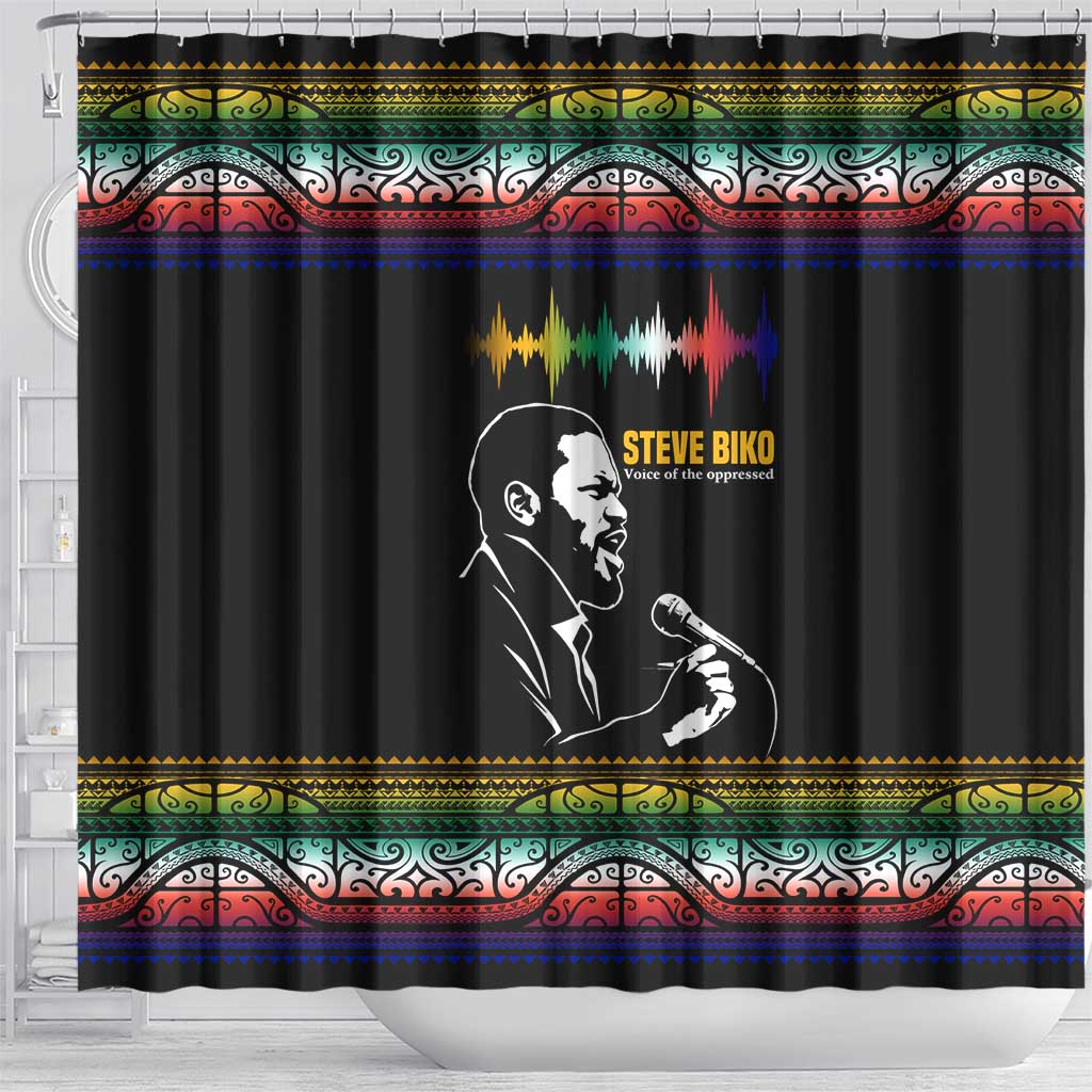 Steve Biko Shower Curtain with Microphone Portrait, Black Consciousness Quote and Vibrant Ethnic Wave - African Pride
