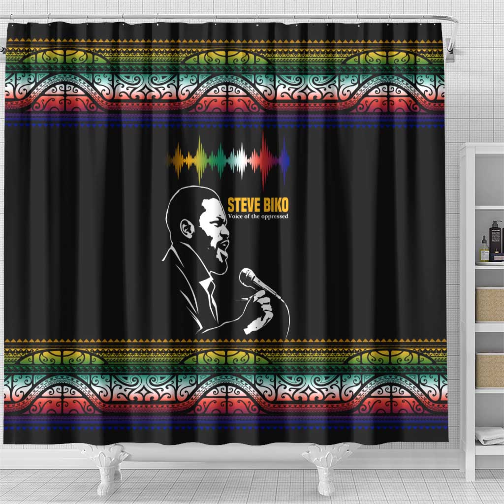 Steve Biko Shower Curtain with Microphone Portrait, Black Consciousness Quote and Vibrant Ethnic Wave - African Pride