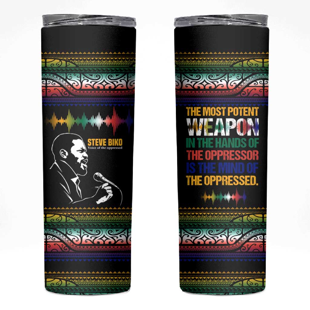 Steve Biko Skinny Tumbler with Microphone Portrait, Black Consciousness Quote and Vibrant Ethnic Wave - African Pride
