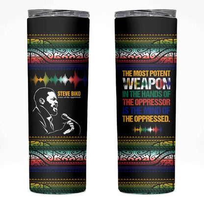 Steve Biko Skinny Tumbler with Microphone Portrait, Black Consciousness Quote and Vibrant Ethnic Wave - African Pride