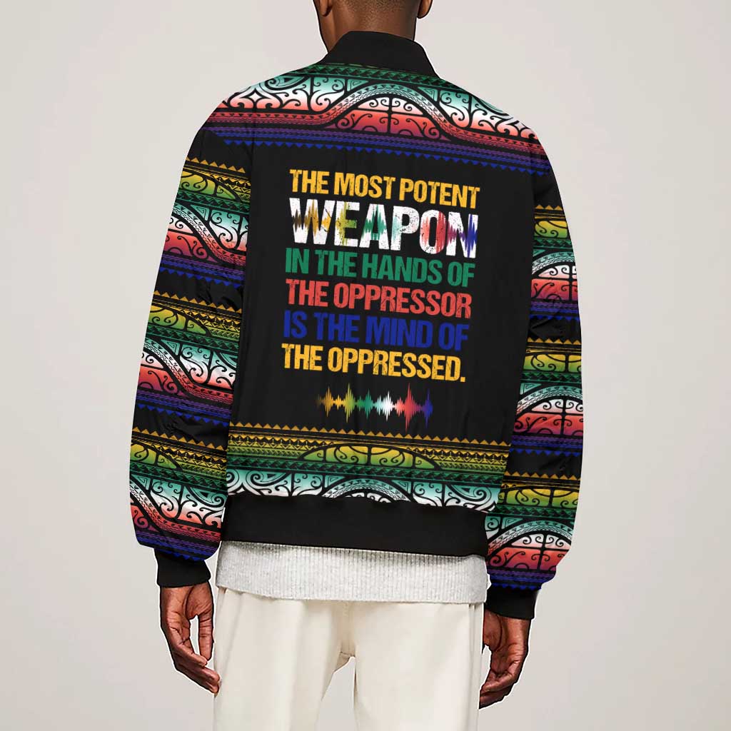 Steve Biko Sleeve Zip Bomber Jacket with Microphone Portrait, Black Consciousness Quote and Vibrant Ethnic Wave - African Pride
