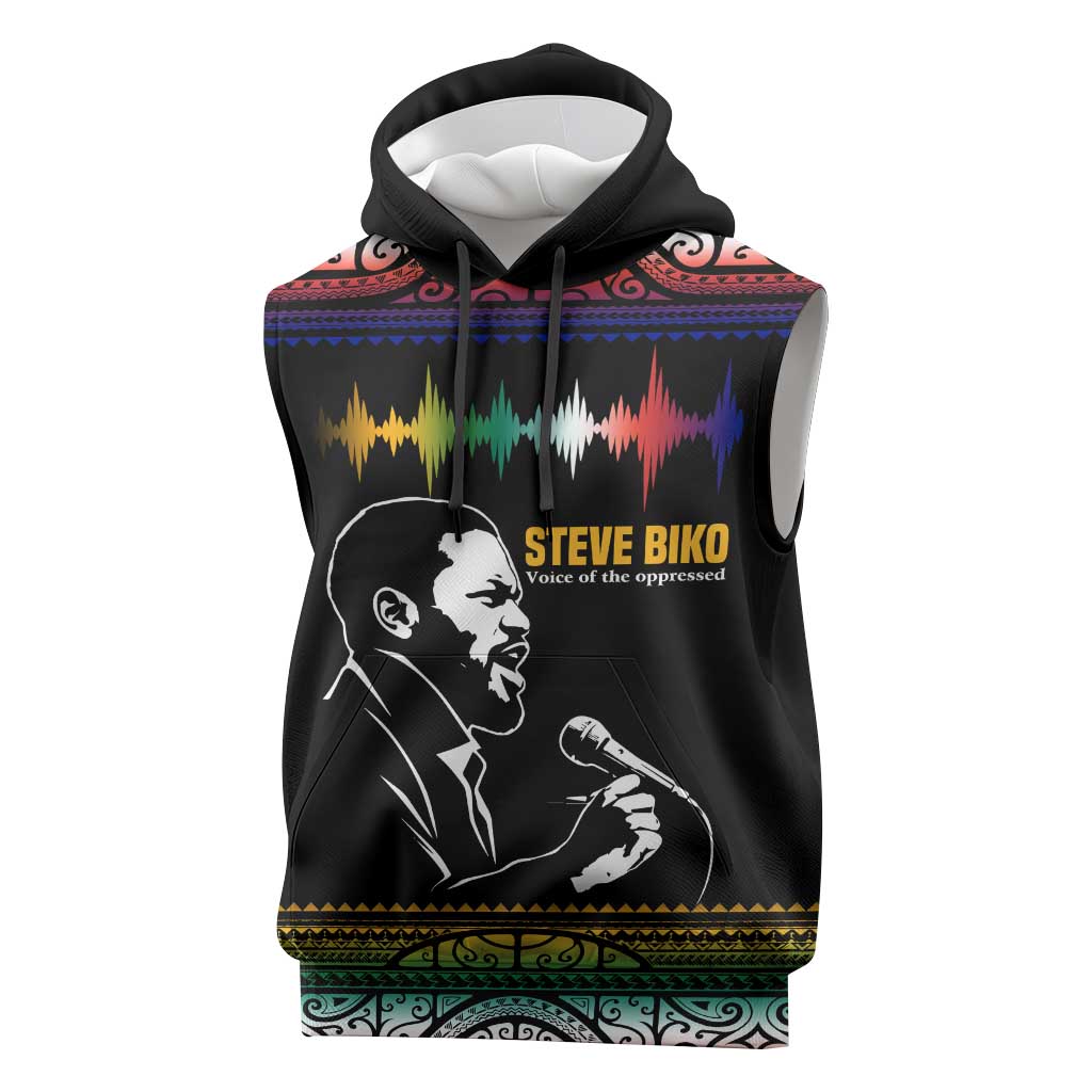 Steve Biko Sleeveless Hoodie with Microphone Portrait, Black Consciousness Quote and Vibrant Ethnic Wave - African Pride