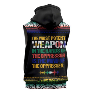 Steve Biko Sleeveless Hoodie with Microphone Portrait, Black Consciousness Quote and Vibrant Ethnic Wave - African Pride