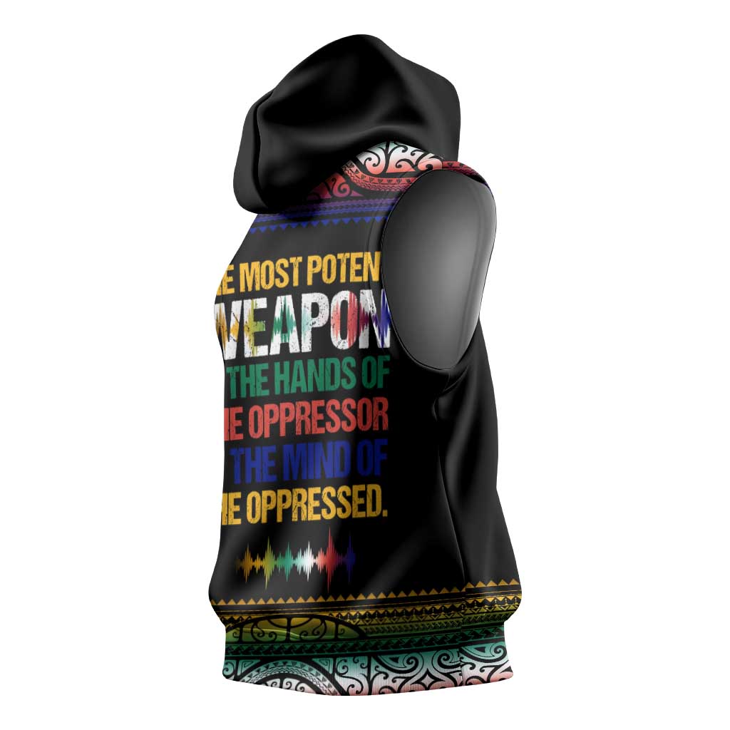 Steve Biko Sleeveless Hoodie with Microphone Portrait, Black Consciousness Quote and Vibrant Ethnic Wave - African Pride