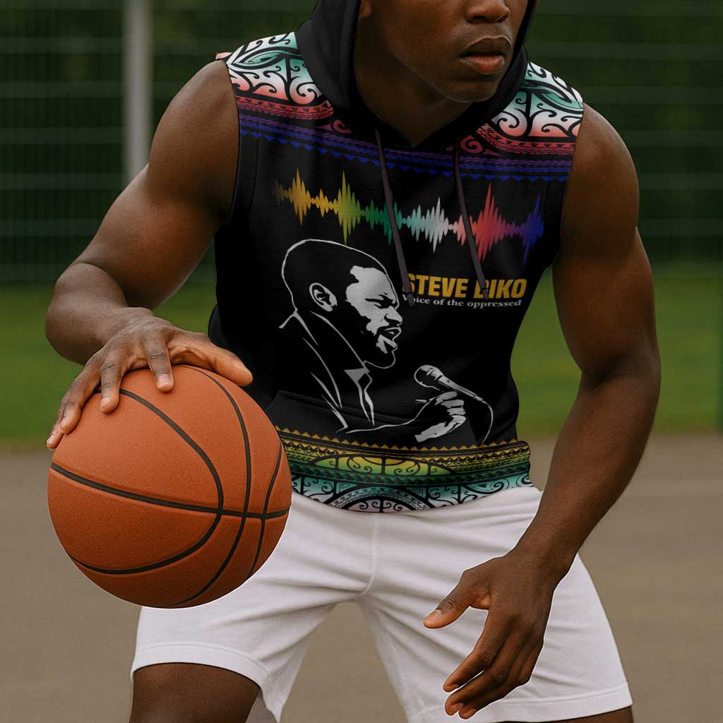 Steve Biko Sleeveless Hoodie with Microphone Portrait, Black Consciousness Quote and Vibrant Ethnic Wave - African Pride