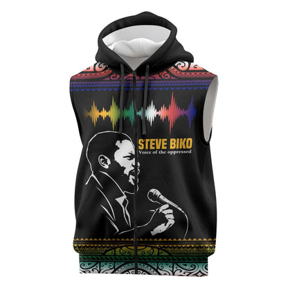 Steve Biko Sleeveless Zip Hoodie with Microphone Portrait, Black Consciousness Quote and Vibrant Ethnic Wave - African Pride