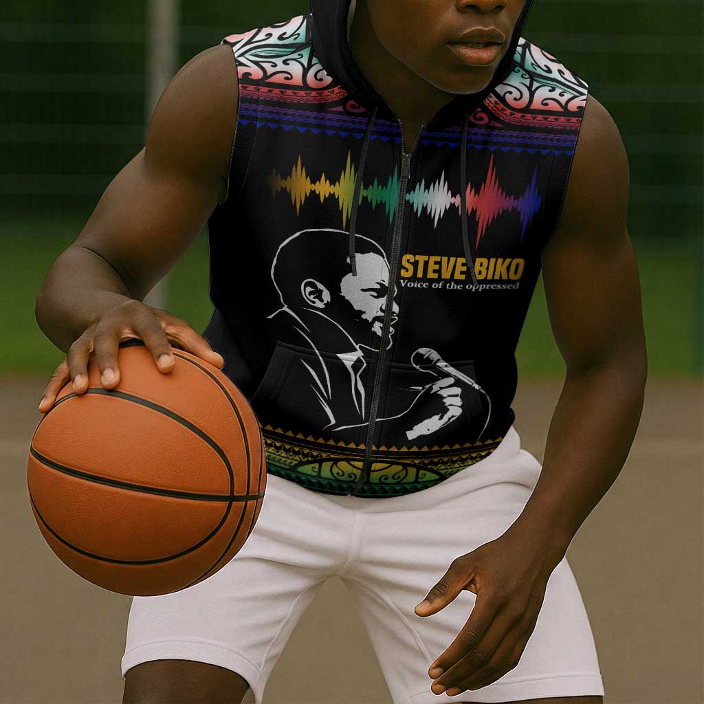 Steve Biko Sleeveless Zip Hoodie with Microphone Portrait, Black Consciousness Quote and Vibrant Ethnic Wave - African Pride