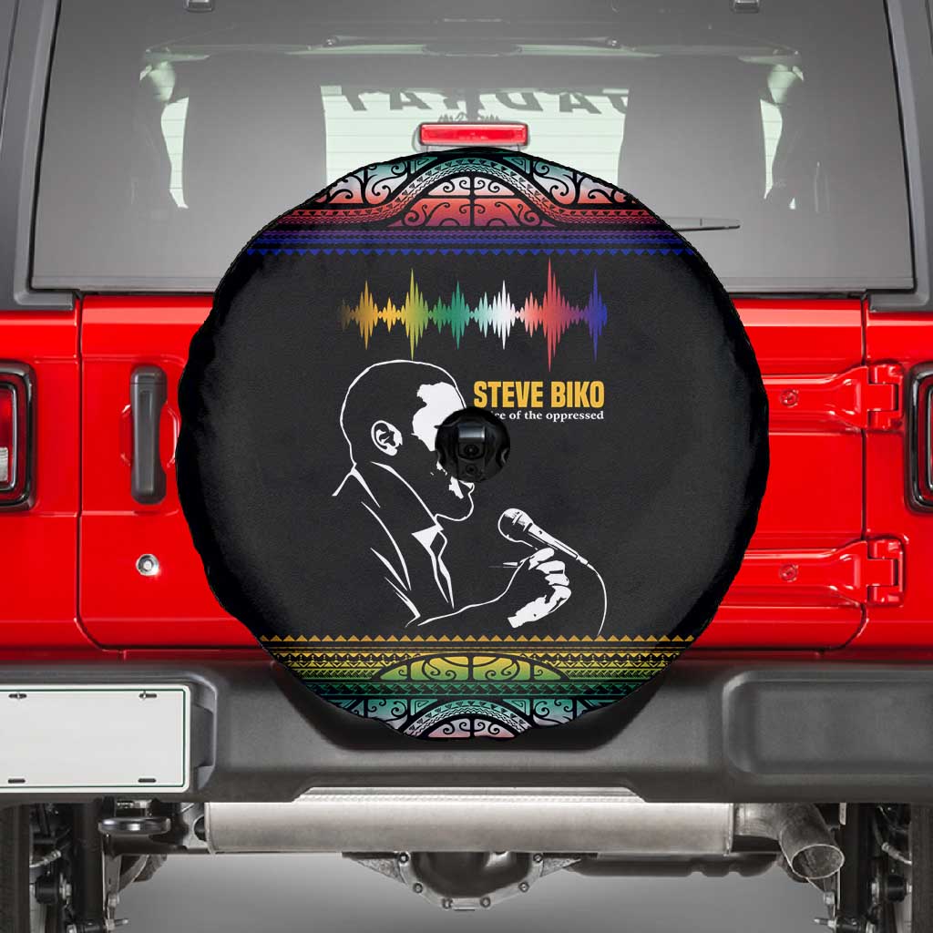 Steve Biko Spare Tire Cover with Microphone Portrait, Black Consciousness Quote and Vibrant Ethnic Wave - African Pride