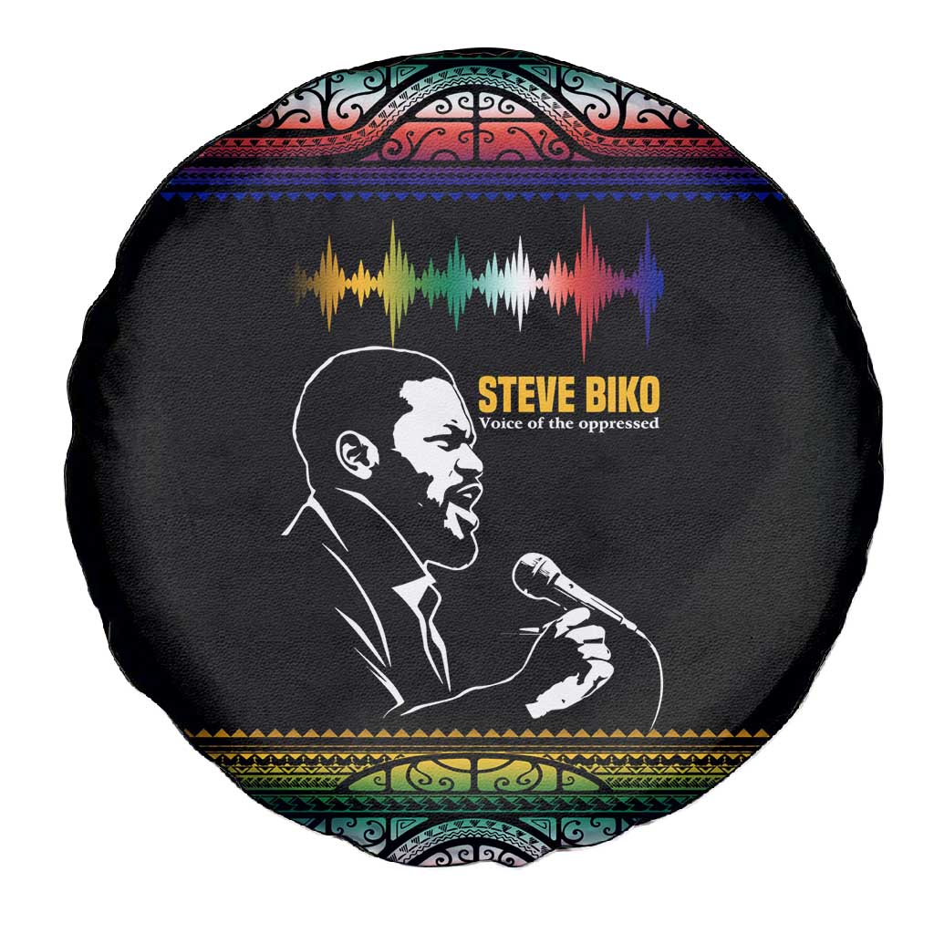 Steve Biko Spare Tire Cover with Microphone Portrait, Black Consciousness Quote and Vibrant Ethnic Wave - African Pride